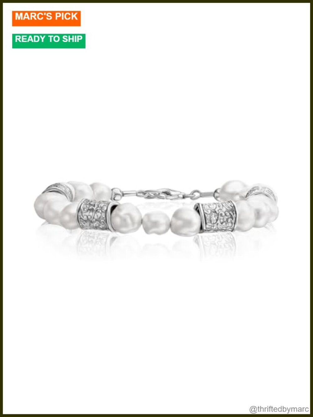 925 Sterling Silver Pearl Bracelet 7.5in Hypoallergenic Vintage Look